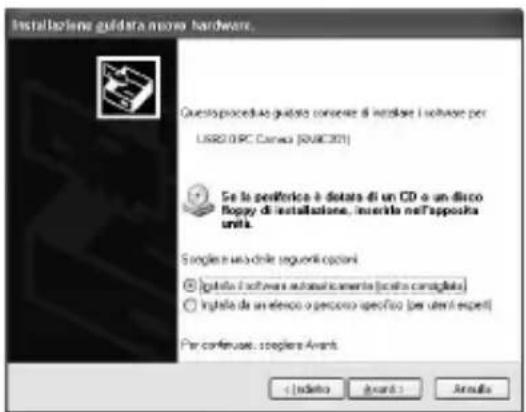 Installazione guidata neuro hardware. Questaprocedare guidata consere di installare i software per USB2.0PC Camex (RMIC301) Se la preferica è dotata di un CD o un disco Fopy di installazione, inserita nell'apposita unità. Single e una chile seguenti opzioni ○ Incluta i software automaticamente (incluto complata) ○ Incluta da un elemento o percorso specifico (per uteri expert) Per convenute: poplare Avanti. < [idetto] Advanced > Approta