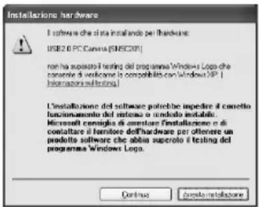 Installazione hardware I software che si sta installando per l'hardware: USB2.0 PC Camera (SNSC201) non ha supestato il testing del programma Windows Logo che consente di verificende la compatibilità con Windows XP: I informazioni sul testing.) L'installazione del software potrebbe impedire il corsetto funzionamento del sistema o rendolo installò. Microsoft consiglia di amnitore l'installazione e di contaltare il fornitore dell'hardware per ottenere un prodotto software che abbia superolo il testing del programma Windows Logo. Continue previa installazione