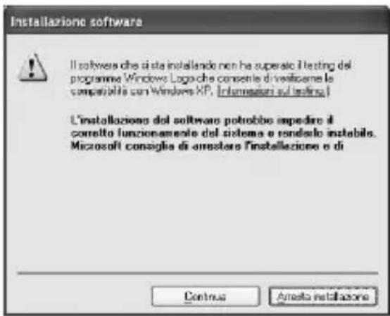 Installazione software Il software che si sta installando non ha superato il testing del programme Windows Logici che consente di verificamente le compatibili con Windows XP. [Influssatori sul testing] L'installazione del software potrebbero impedere il corretto funzionamente del sistema e rendello instabile. Microsoft consiglia di arrestore l'installazione o di Continue Arresto installazione