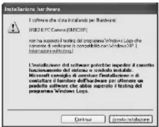 Installazione hardware I software che si sta installando per Hardware USB2.0 PC Canaria (SNSC201) non ha superato il testing del programma Windows Logo che conscute di verificame la compatibilità con windows XP | informazioni sul testing.) L'installazione del software potrebbe impedire il corsetto funzionamento del sistema o rendola instabile. Microsoft consiglio di ammortare l'installazione e di contaltare il fornitore dell'hardware per ottenere un prodotto software che abbia superolo il testing del programma Windows Logo. Continue àvisto installazione