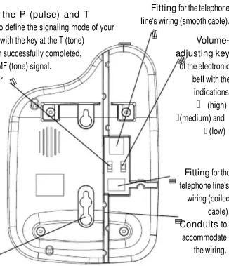 the P (pulse) and T define the signaling mode of your with the key at the T (tone) successfully completed, IF (tone) signal. Fitting for the telephone line's wiring (smooth cable). Volume- adjusting key of the electronic bell with the indications (high) (medium) and (low) Fitting for the telephone line's wiring (coiled cable). Conduits to accommodate the wiring.
