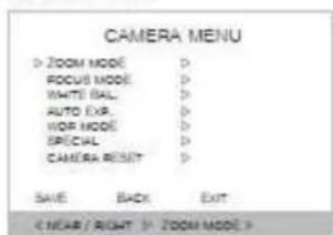 CAMERA MENU D ZOOM MODE D FOCUS MODE D WHITE BALL D AUTO EXP.D WOR MODE D SPECIAL D CAMERA RESET D SAVE BACK EXIT < NCAR / RIGHT > ZOOM MODE >
