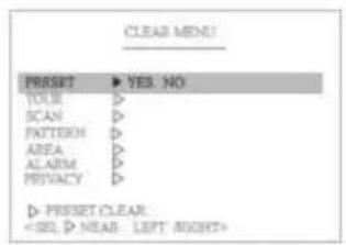 CLEAR MENU PRESET ▶ YES NO TOUR ▷ SCAN ▷ PATTERN ▷ AREA ▷ ALARM ▷ PRIVACY ▷ ▶ PRESET CLEAR