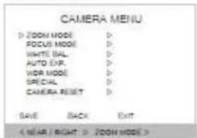 CAMERA MENU D ZOOM MODE D FOCUS MODE D WHITE BAL D AUTO EXP.D VOR MODE D SPECIAL D CAMERA RESET D SAVE BACK EXIT < MEAR | RIGHT > D ZOOM MODE >