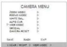 CAMERA MENU ZOOM MODE D ROCKS MODE D WHITE BALL D AUTO EKR.D D WDR MODE D SPECIAL D CAMERA RESET D SAVE RACH EXIT C MEAR / RIGHT; D WDR MODE; >