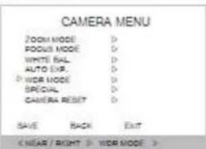 CAMERA MENU ZOOM MODE D FOCUS MODE D WHITE BAL D AUTO EXP.D WOR MODE D SPECIAL D CAMERA RESET D SAVE BACK EXIT WOR MODE >