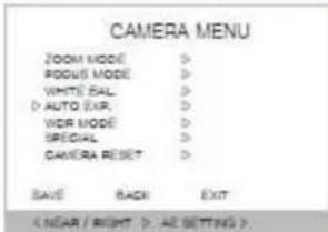 CAMERA MENU ZOOM MODE > ROCKS MODE > WHITE BAL. AUTO EXR. WDR MODE > SPECIAL > CAMERA RESET > SAVE BACK EXIT (NEAR / RIGHT, > AE SETTING)