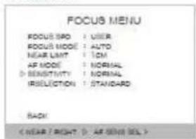 FOCUS MENU FOCUS SPO : USER FOCUS MODE : AUTO NEAR LIMIT : 1CM AF MODE : NORMAL D BENSITIVITY : NORMAL IRSELECTION : STANDARD BACK ( NEAR / RIGHT : D: AF BENSITIVITY )