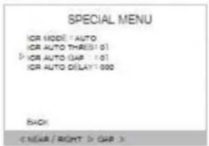 Special menu interface displaying ICR model, auto, and delay options with navigation buttons