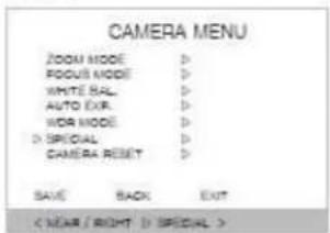 CAMERA MENU ZOOM MODE > FOCUS MODE > WHITE BALL AUTO EXR. WORK MODE > D SPECIAL CAMERA RESET > SAVE BACK EXIT (Near / Right) D SPECIAL >