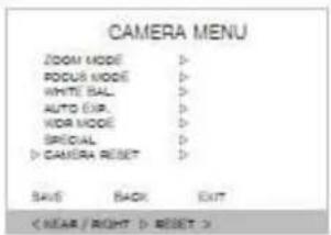 CAMERA MENU ZOOM MODE > FOCUS MODE > WHITE BALL AUTO EXP. VOCR MODE > SPECIAL D CAMERA RESET > SAVE BACK EXIT < NEAR / RIGHT > RESET >
