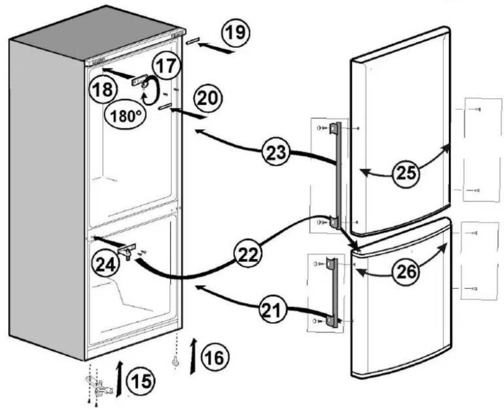 Diagram of refrigerator interior with numbered parts and directional arrows indicating movement or connection points.