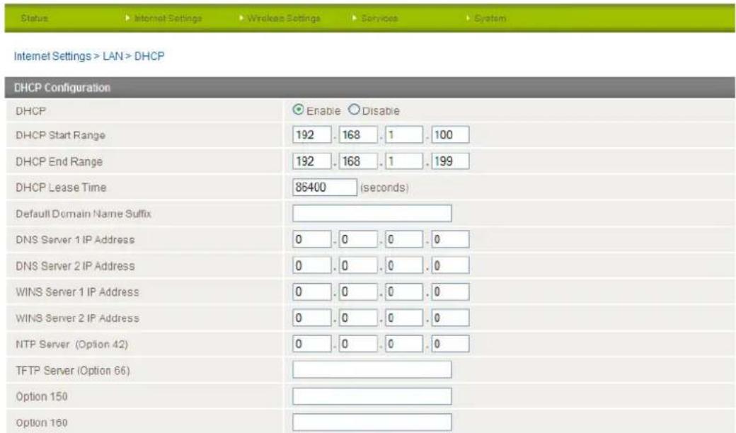 Status ▶ Internet Settings ▶ Wireless Settings ▶ Services ▶ System Internet Settings > LAN > DHCP DHCP Configuration DHCP Enable Disable DHCP Start Range 192 . 168 . 1 . 100 DHCP End Range 192 . 168 . 1 . 199 DHCP Lease Time 86400 (seconds) Default Domain Name Suffix DNS Server 1 IP Address 0 . 0 . 0 . 0 DNS Server 2 IP Address 0 . 0 . 0 . 0 WINS Server 1 IP Address 0 . 0 . 0 . 0 WINS Server 2 IP Address 0 . 0 . 0 . 0 NTP Server (Option 42) 0 . 0 . 0 . 0 TFTP Server (Option 66) Option 150 Option 160