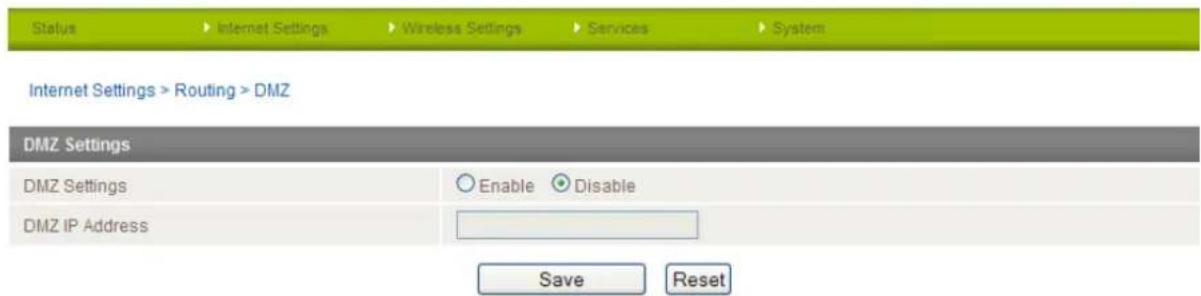 Status Internet Settings Wireless Settings Services System Internet Settings > Routing > DMZ DMZ Settings DMZ Settings Enable Disable DMZ IP Address Save Reset