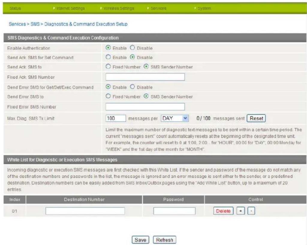 Services > SMS > Diagnostics & Command Execution Setup SMS Diagnostics & Command Execution Configuration Enable Authentication Send Ack SMS for Set Command Send Ack SMS to Fixed Ack SMS Number Send Error SMS for Get/Set/Exec Command Send Error SMS to Fixed Error SMS Number Max Diag SMS Tx Limit Enable Disable Enable Disable Fixed Number SMS Sender Number Enable Disable Fixed Number SMS Sender Number 100 messages per DAY 0/100 messages sent Reset Limit the maximum number of diagnostic text messages to be sent within a certain time period. The current "messages sent" count automatically resets at the beginning of the designated time unit. For example, the counter will reset to 0 at 1:00, 2:00... for "HOUR", 00:00 for "DAY", 00:00 Monday for "WEEK" and the 1st day of the month for "MONTH" White List for Diagnostic or Execution SMS Messages Incoming diagnostic or execution SMS messages are first checked with this White List. If the sender and password of the message do not match any of the destination numbers and passwords in the list, the message is ignored and an error message is sent either to the sender, or a predefined destination. Destination numbers can be easily added from SMS Inbox/Outbox pages using the "Add White List" button, up to a maximum of 20 entries Index Destination Number Password Control 01 Delete + - Save Refresh