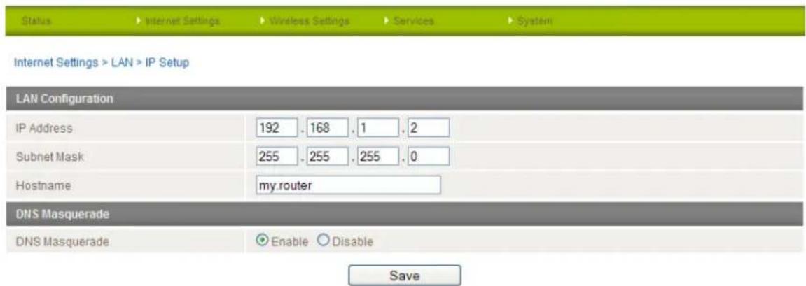 Status Internet Settings Wireless Settings Services System Internet Settings > LAN > IP Setup LAN Configuration IP Address 192 . 168 . 1 . 2 Subnet Mask 255 . 255 . 255 . 0 Hostname my.router DNS Masquerade DNS Masquerade Enable Disable Save