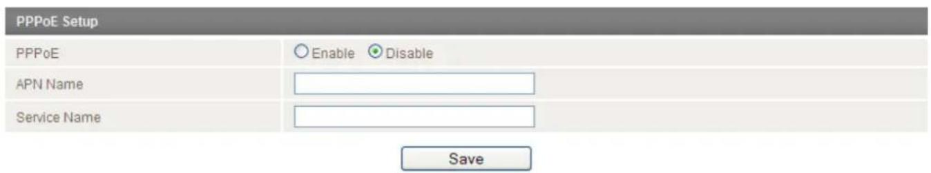 PPPoE Setup PPPoE Enable Disable APN Name Service Name Save