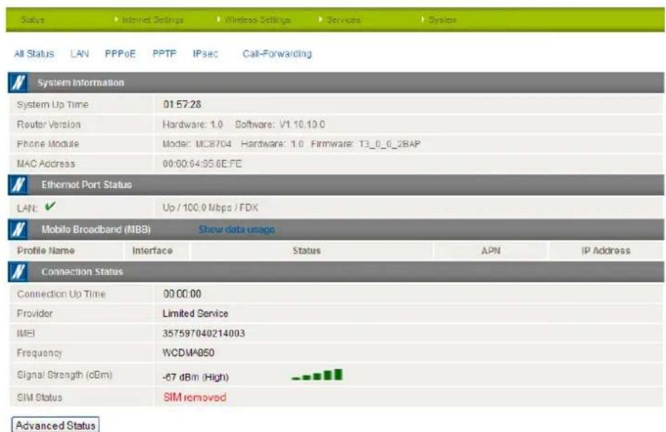 Status Internet Settings Wireless Settings Services System All Status LAN PPPoE PPTP IPsec Call-Forwarding System Information System Up Time 01:57:28 Router Version Hardware: 1.0 Software: V1.10.10.0 Phone Module Model: MC8704 Hardware: 1.0 Firmware: T3_0_0_2BAP MAC Address 00:60:64:35:6E:FE Ethernet Port Status LAN: ✓ Up / 100.0 Mbps / FDX Mobile Broadband (MBB) Show data usage Profile Name Interface Status APN IP Address Connection Status Connection Up Time 00:00:00 Provider Limited Service IMEI 357597040214003 Frequency WCDMA850 Signal Strength (dBm) -67 dBm (High) SIM Status SIM removed Advanced Status