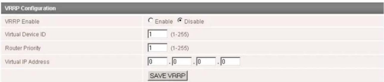 VRRP Configuration VRRP Enable Enable Disable Virtual Device ID 1 (1-255) Router Priority 1 (1-255) Virtual IP Address 0 .0 .0 .0 SAVE VRRP