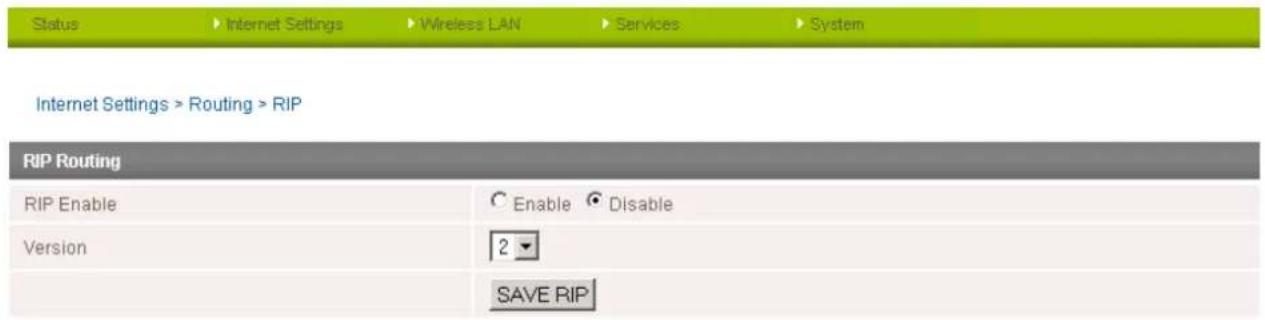 Status > Internet Settings > Wireless LAN > Services > System Internet Settings > Routing > RIP RIP Routing RIP Enable ○ Enable ○ Disable Version 2 SAVE RIP