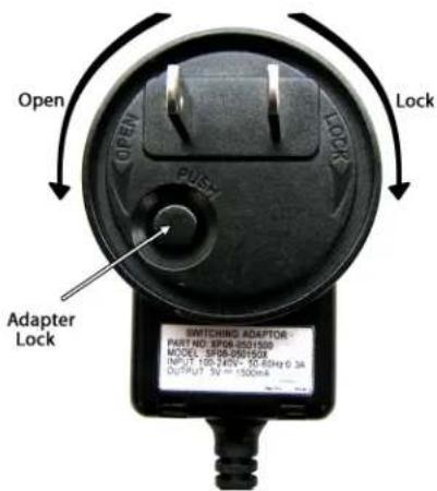 Open PUSH LOCK Switching Adaptor PART NO: SP08-0501500 MODEL: SP08-051503 INPUT: 100 MHz - 50.624V 0.34 OUTPUT: 3V = 1500mA Adapter Lock