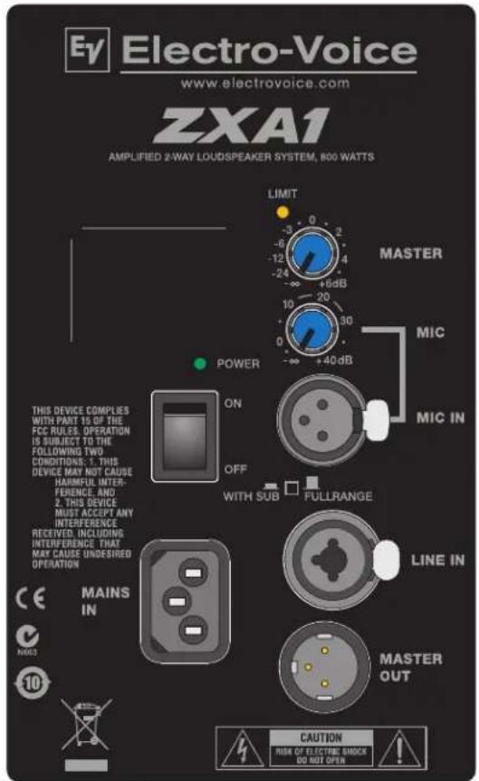 EY Electro-Voice www.electrovoice.com ZXA1 AMPLIFIED 2-WAY LOUDSPEAKER SYSTEM, 800 WATTS LIMIT -3 0 2 -6 4 -12 -24 +6dB POWER ON OFF WITH SUB FULLRANGE MIC IN MIC LINE IN MAINS OUT CAUTION HUA OF ELECTRIC SHOCK DO NOT OPEN THIS DEVICE COMPLIES WITH PART 15 OF THE FCC RULES OPERATION IS SUBJECT TO THE FOLLOWING TWO CONDITIONS: 1. THIS DEVICE MAY NOT CAUSE HAINFUL INTER- FERENCE AND 2. THIS DEVICE MUST ACCEPT ANY INTERFERENCE RECEIVED INCLUDING INTERFERENCE THAT MAY CAUSE UNDESired OPERATION