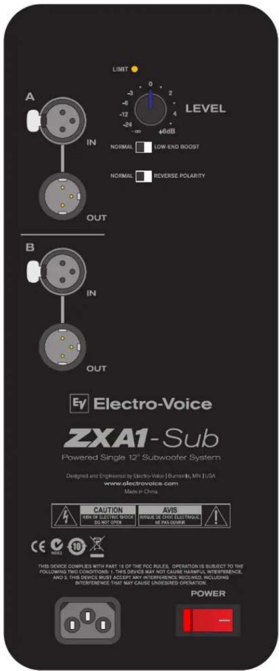 LIMIT LEVEL A IN NORMAL LOW-END BOOST NORMAL REVERSE POLARITY OUT B IN OUT Electro-Voice ZXA1- Sub Powered Single 12" Subwoofer System Designed and Engineered by Electro-Voice | Burnhardt, MN | USA www.electrovoice.com Made in China CAUTION AVIS RISK OF ELECTRIC SHOCK ISGUE DE CHOC ELECTRONIC DO NOT OPEN NE PAS OUVR THIS DEVICE COMPLIES WITH PART 15 OF THE ACC RULES. OPERATION IS SUBJECT TO THE FOLLOWING TWO CONDITIONS: I. THIS DEVICE MAY NOT CAUSE HARMFUL INTERFERENCE, AND II. THIS DEVICE MUST ACCEPT ANY INTERFERENCE RECEIVED, INCLUDING INTERFERENCE THAT MAY CAUSE UNDESIRED OPERATION. POWER