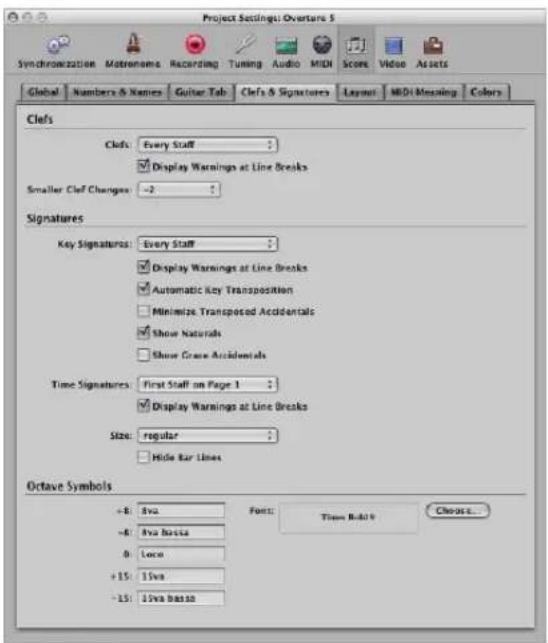 Project Settings: Overters 5 Synchronization Matenome Recording Tuning Audio MDI Score Video Assets Global Numbers & Names Guitar Tab Clefs & Signatures Layout MDi Meaning Colors Clefs Clots: Every Staff Display Warnings at Line Breaks Smaller Clef Changes: -2 Signatures Key Signatures: Every Staff Display Warnings at Line Breaks Automatic Key Transposition Minimize Transposed Accidentals Show Naturals Show Grace Accidentals Time Signatures: First Staff on Page 1 Display Warnings at Line Breaks Size: regular Hide Bar Lines Octave Symbols +8: 5va Font: Time Roll 9 Choose... -8: 5va Basea 0: Local +15: 15va -15: 15va Basea