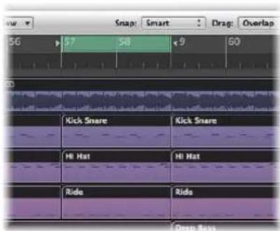 Snap: Smart Drag: Overlap 56 57 58 < 9 50 Kick Snare Kick Snare Hi Hat Hi Hat Ride Ride Deep Bass