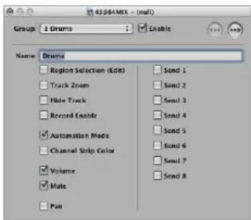 43.084 MBX - (null) Group: 1 Drums Enable Name: Drums Region Selection (Edit) Track Zoom Hide Track Record Enable Automation Mode Channel Strip Color Volume Mate Pan Send 1 Send 2 Send 3 Send 4 Send 5 Send 6 Send 7 Send 8