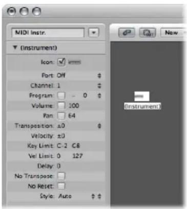 MIDI instr. (Instrument) Icon: ✓ Port: Off Channel: 1 Program: - 0 Volume: 100 Pan: 64 Transposition: ±0 Velocity: ±0 Key Limit: C-2 C8 Vel Limit: 0 127 Delay: 0 No Transpose: No Reset: Style: Auto New (Instrument)