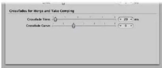 Crossfades for Merge and Take Comping Crossfade Time: 20 ms Crossfade Curve: 0