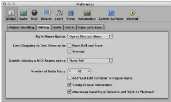 Preferences Global Audio MIDI Display Score Video Automation Control Surfaces Sharing Project Handling Editing Cycle Catch Caps Lock Keys Right Mouse Button: Opens Shortcut Menu Limit Dragging to One Direction Inc: Piano Roll and Scare Arrange Double-clicking a MIDI Region opens: Piano Roll Number of Undo Steps: 30 Add 'Last Edit Function' to Region Name Living Groove' connection SmartLoop handling of Scissors and 'Split by Playhead'