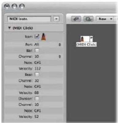 MIDI Instr. (MIDI Click) Icon: Port: All Bar: Channel: 10 Note: C#1 Velocity: 112 Beat: Channel: 10 Note: C#1 Velocity: 68 Division: Channel: 10 Note: C#1 Velocity: 52 New (MIDI Click)