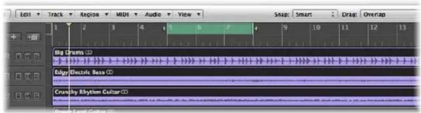 Edit Track Region MIDI Audio View Snap: Smart Drag: Overlap 1 2 3 4 5 6 7 8 9 10 11 12 13 Big Drums Edgy Electric Bass Crunchy Rhythm Guitar