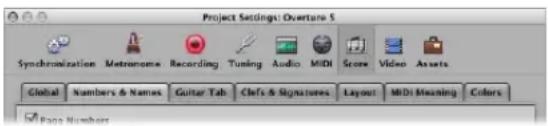Project Settings: Overtare 5 Synchronization Metronome Recording Tuning Audio MDI Scree Video Assets Global Numbers & Names Guitar Tab Clefs & Signatures Layout MDI Meaning Colors Page Number