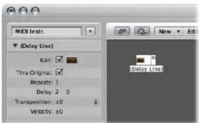 MIDI Instr. (Delay Line) Edit: ✓ Thru Original: ✓ Repeats: 1 Delay: 2 0 Transposition: ±0 Velocity: ±0 New Edit Delay Line)