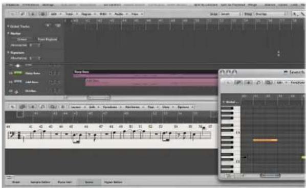 Screenshot of Macromedia Flash interface showing track controls, playback, and audio tracks with a preview window displaying track data.