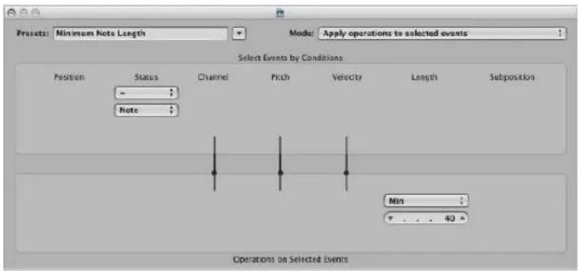 Presets: Minimum Note Length Mode: Apply operations to selected events Select Events by Conditions Position Status Channel Pitch Velocity Length Subposition - Note Min ... 40 Operations on Selected Events