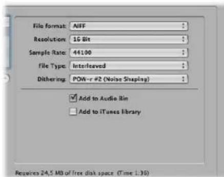File format: AIFF Resolution: 16 Bit Sample Rate: 44100 File Type: Interleaved Dithering: POW-r #2 (Noise Shaping) Add to Audio Bin Add to iTunes library Requires 24.5 MB of free disk space (Time 1:30)