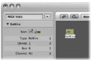 MIDI Instr. ▼ ReWire Icon: ✓ Type: ReWire Device: 1 Bus: 6 Channel: All New ReWire