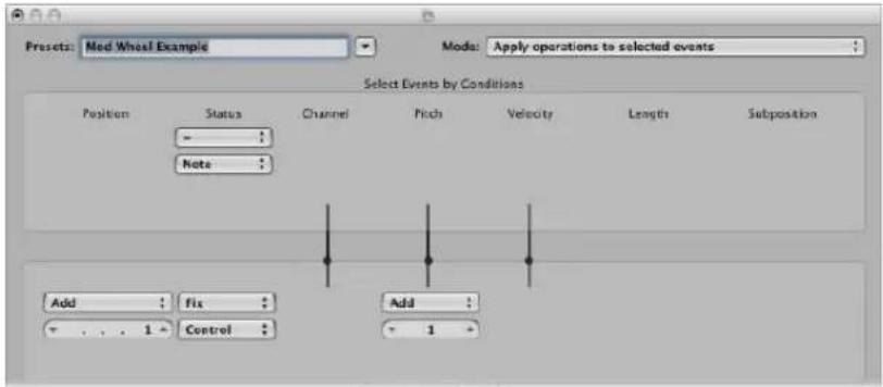 Presets: Mod Wheel Example Mode: Apply operations to selected events Select Events by Conditions Position Status Channel Pitch Velocity Length Subposition - : Note Add Fix Add 1 Control 1