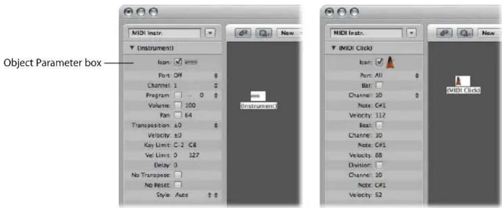 Object Parameter box MIDI Instr. Instrument Icon: ✓ Port: Off Channel: 1 Program: - 0 Volume: 100 Pan: 64 Transposition: ±0 Velocity: ±0 Key Limit: C-2 C8 Vel Limit: 0 127 Delay: 0 No Transpose: No Reset: Style: Auto ↑ ↑ Instrument MIDI Instr. IMIDI Click Icon: ✓ Port: All Bar: Channel: 10 Note: C#1 Velocity: 112 Beat: Channel: 10 Note: C#1 Velocity: 88 Division: Channel: 10 Note: C#1 Velocity: 52 (MIDI Click)