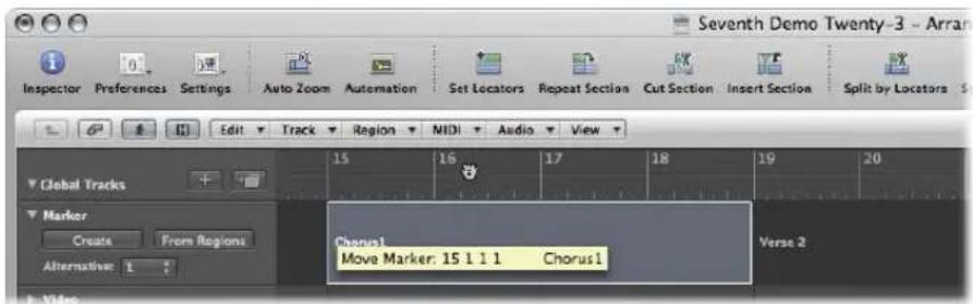 Seventh Demo Twenty-3 - Arran Inspector Preferences Settings Auto Zoom Automation Set Locators Repeat Section Cut Section Insert Section Split by Locators Edit Track Region MIDI Audio View Global Tracks Marker Create From Regions Alternative 1 Chorus1 Move Marker: 15 1 1 1 Chorus1 Verse 2