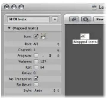 MIDI Instr. (Mapped Instr.) Icon: ✓ Port: All Channel: 1 Program: - 0 Volume: 127 Pan: 84 Delay: 0 No Transpose: ✓ No Reset: Style: Auto Lo New Mapped Instr.