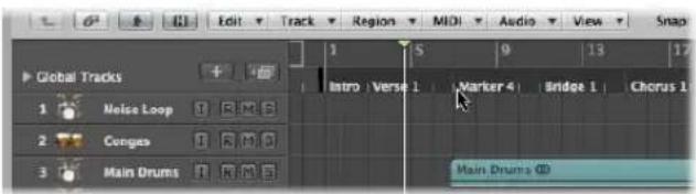 Global Tracks 1 Melis Loop 2 Congus 3 Main Drums Intro | Verse 1 | Marker 4 | Bridge 1 | Chorus 1 Main Drums (D)