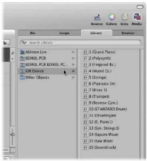 Source Colors Lists Media Bin Loops Library Browser Search Library Ableton Live EDIROL PCR EDIROL PCR EDIROL PC... GM Device Other Objects 1 (Grand Piano) 2 (Polysynth) 3 (Fingered Bs.) 4 (Muted Ct.) 5 (Strings) 6 (Pizzicate Str) 7 (Brass 1) 8 (Trumpet) 9 (Reverse Cym.) 10 (STANDARD Drum) 11 (DrawOrgan) 12 (E. Piano1) 13 (Syn. Strings1) 14 (Square Wave) 15 (Saw Wave): 16 (Soundtrack)