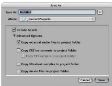 Save As: Untitled Where: _CurrentProjects Include Assets Advanced Options Copy external audio files to project folder Copy DXS instruments to project folder Copy DXS samples to project folder Copy Ultrabeat samples to project folder Copy movie files to project folder Cancel Save