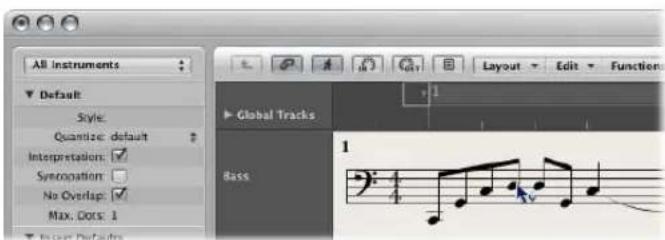 All Instruments Default: Style: Quantize: default Interpretation: ✓ Synconation: No Overlap: ✓ Max, Dots: 1 Global Tracks Bass 1