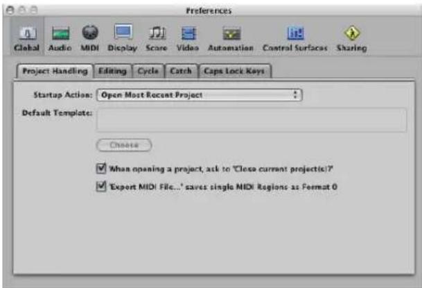 Preferences Global Audio MIDI Display Score Video Automation Control Surfaces Sharing Project Handling Editing Cycle Catch Caps Lock Keys Startup Action: Open Most Recent Project Default Template: Choose When opening a project, ask to "Close current projects?" Export MIDI File...' saves single MIDI Regions as Format 0